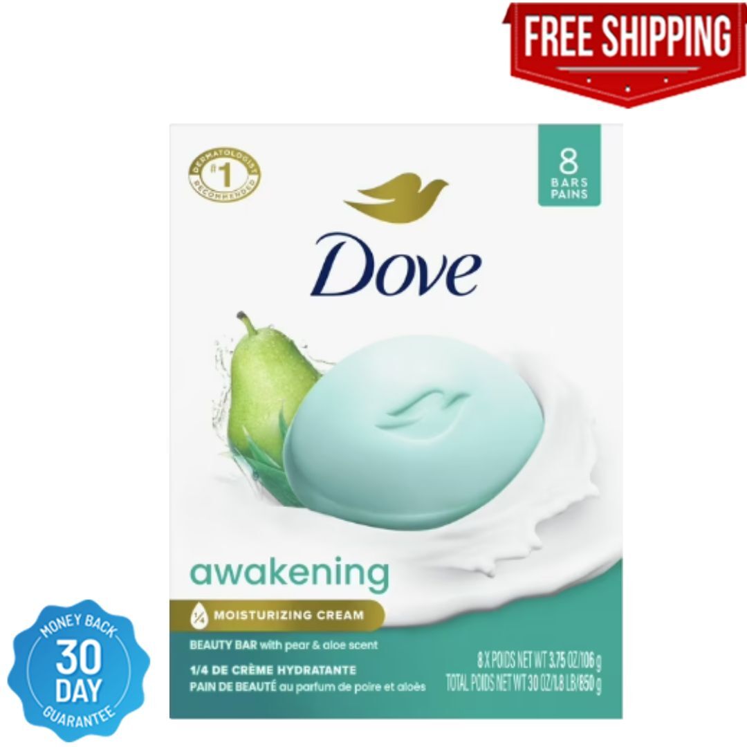 Dove Awakening Gentle Beauty Bar Soap All Skin Type, Pear and Aloe, 3.75 oz (8 B