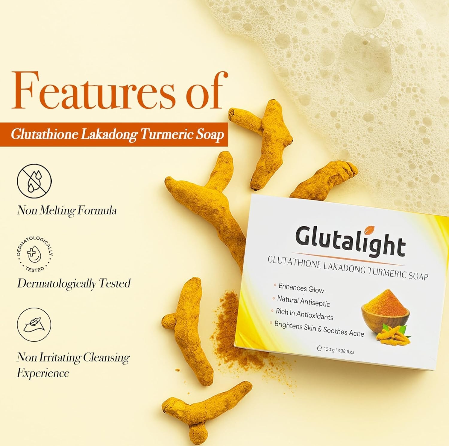 Glutalight Glutathione Lakadong Turmeric Soap For Face & Body | Korean Skincare