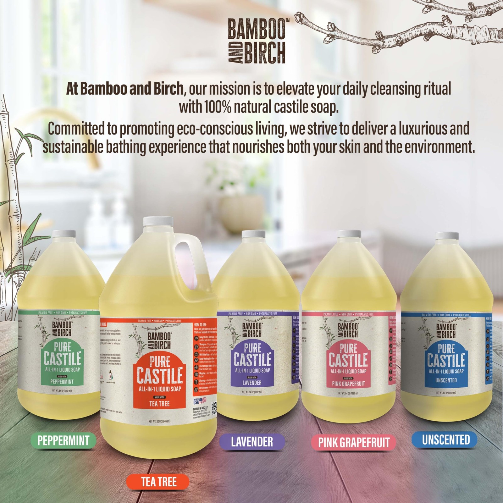 BAMBOO AND BIRCH Pure Castile Soap Liquid, Certified Palm Oil Free Natural Soap,
