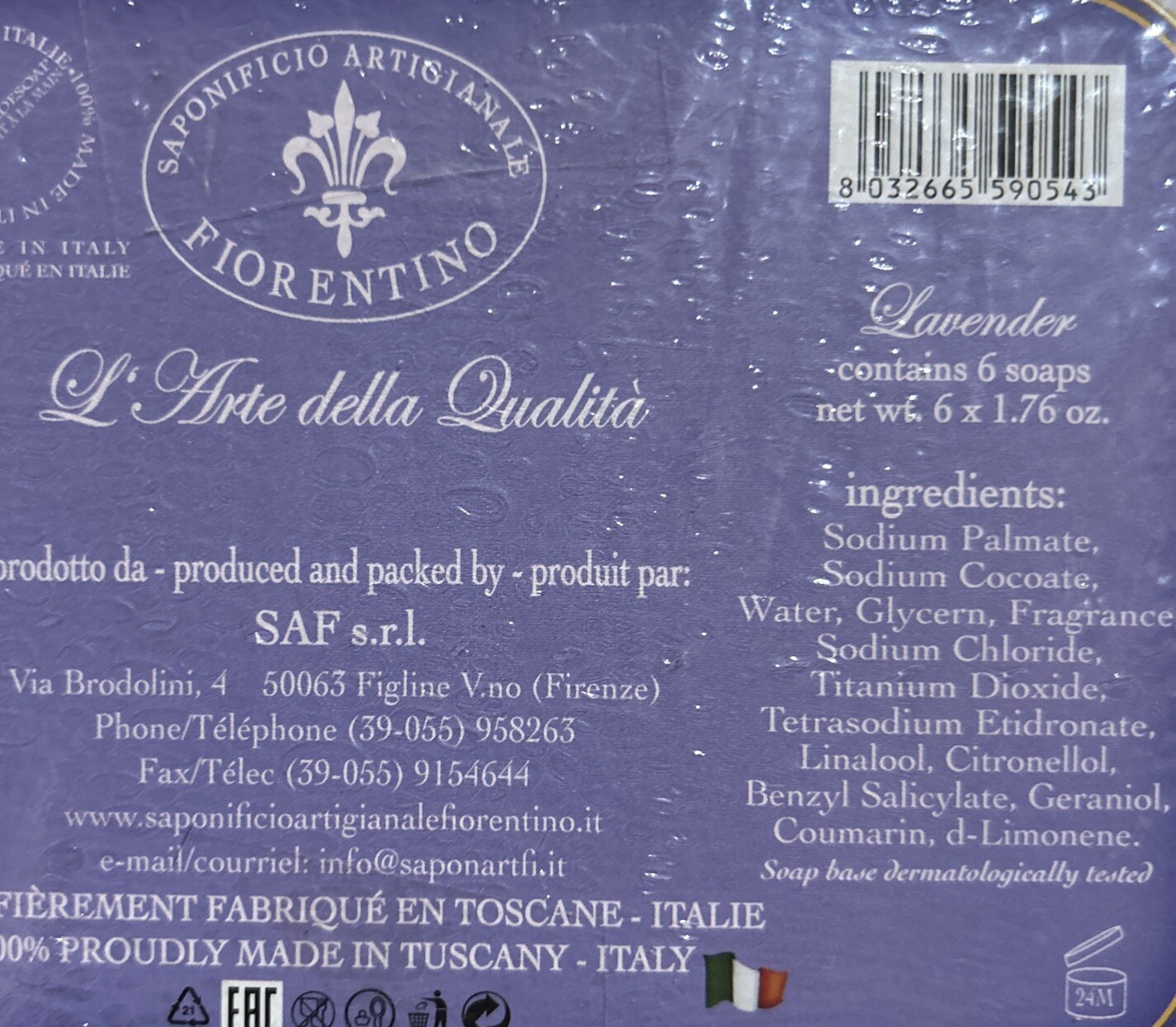 SAPONIFICIO ARTIGIANALE FIORENTINO TUSCAN LAVENDER SCENTED SOAPS 6×1.76 Oz