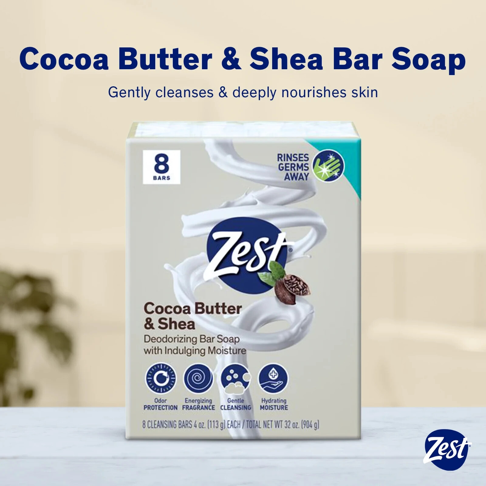Zest Cocoa Butter & Shea Deodorizing Bar Soap Moisture, 8 Bars, 4 oz each…