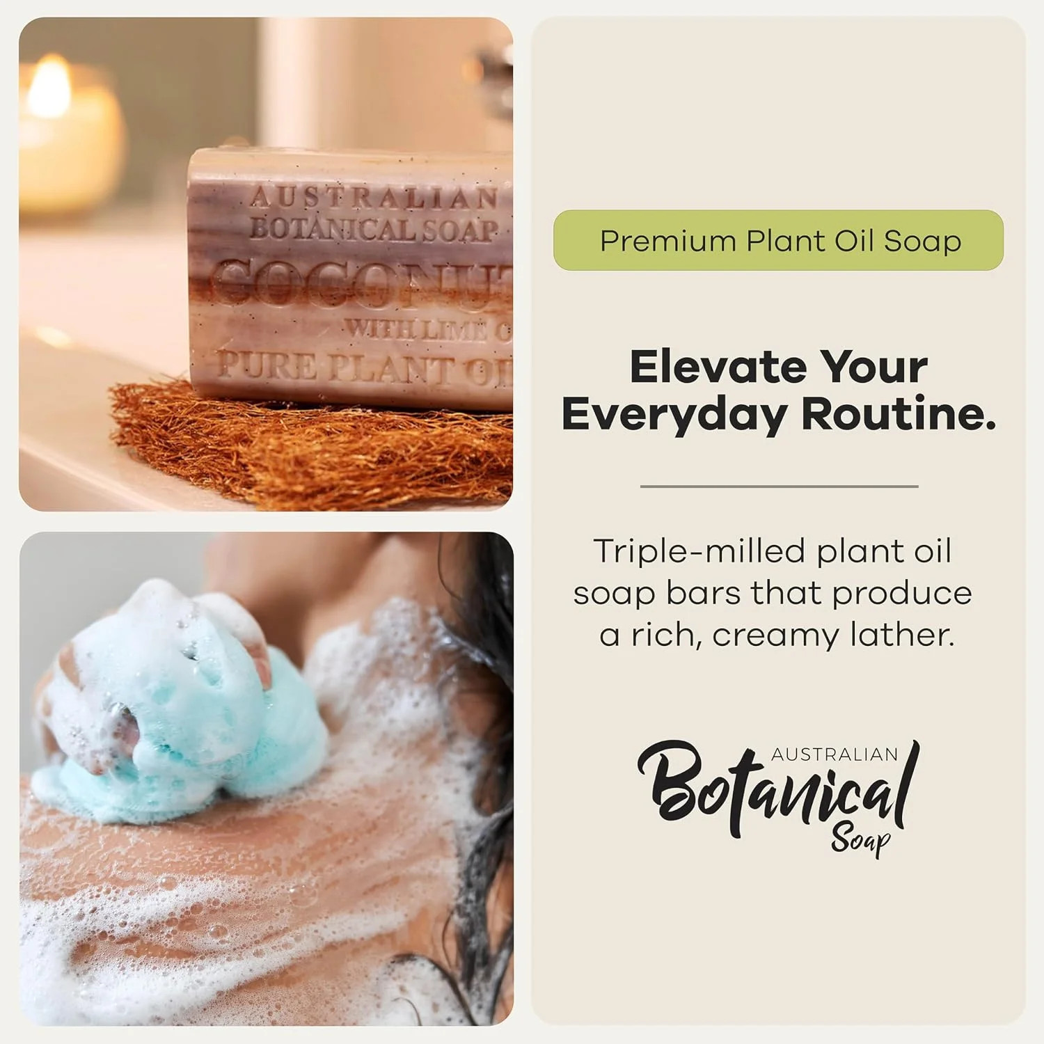 Australian Botanical Soap, 6.6 OZ, Coconut and Lime Oil, Triple Milled Bars made