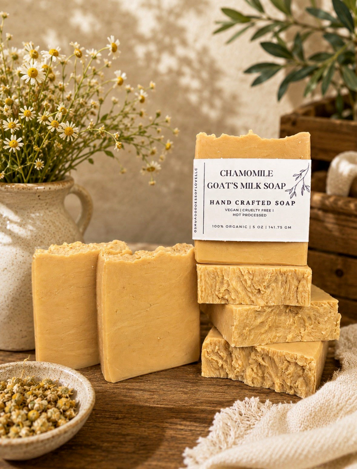 SHAWOODESSOAPLOVELL Chamomile Goat Milk Soap Bar 5 oz Handcrafted Vegan Organic
