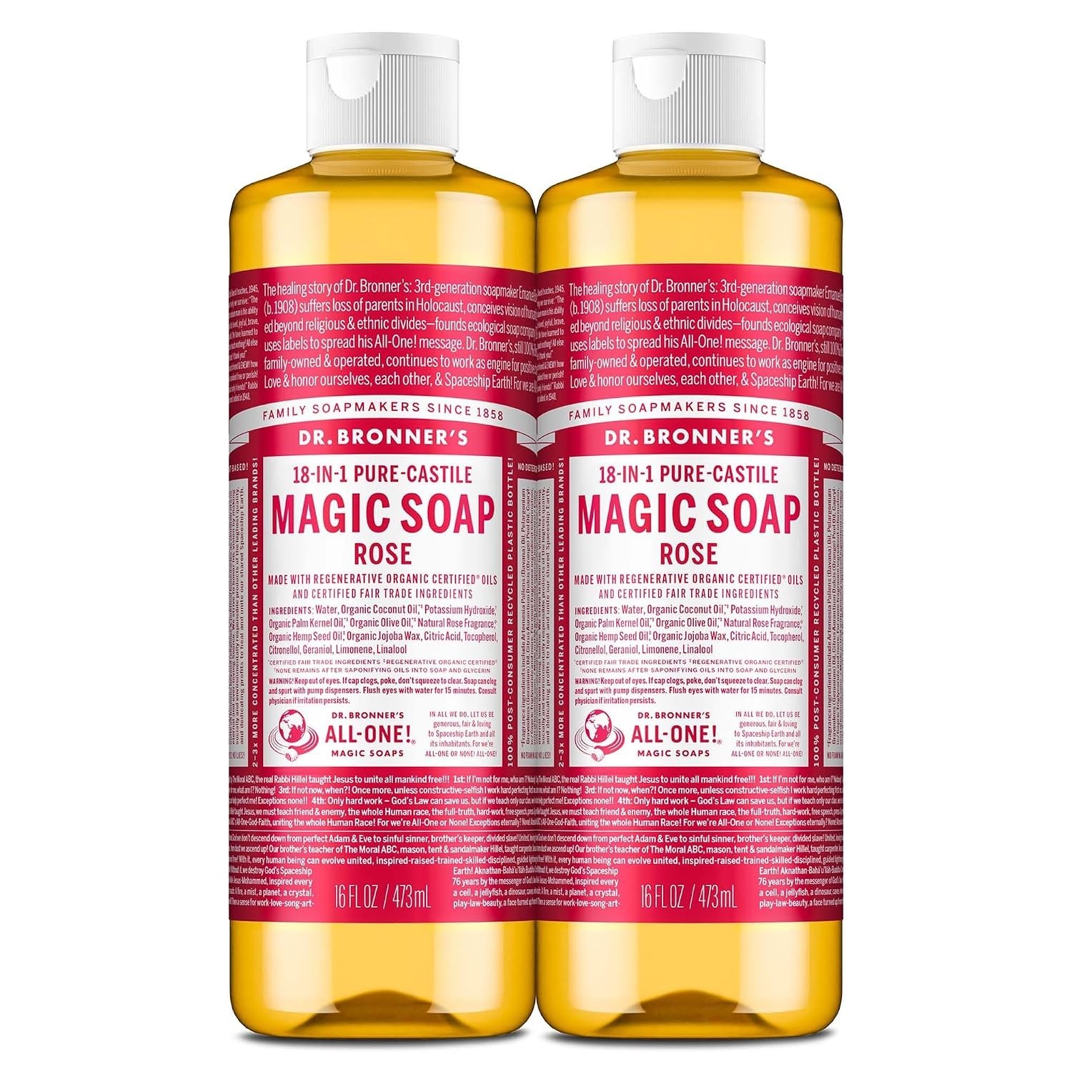 Dr. Bronner’s Rose Castile Liquid Soap 2-Pack – Multi-Use, Organic &