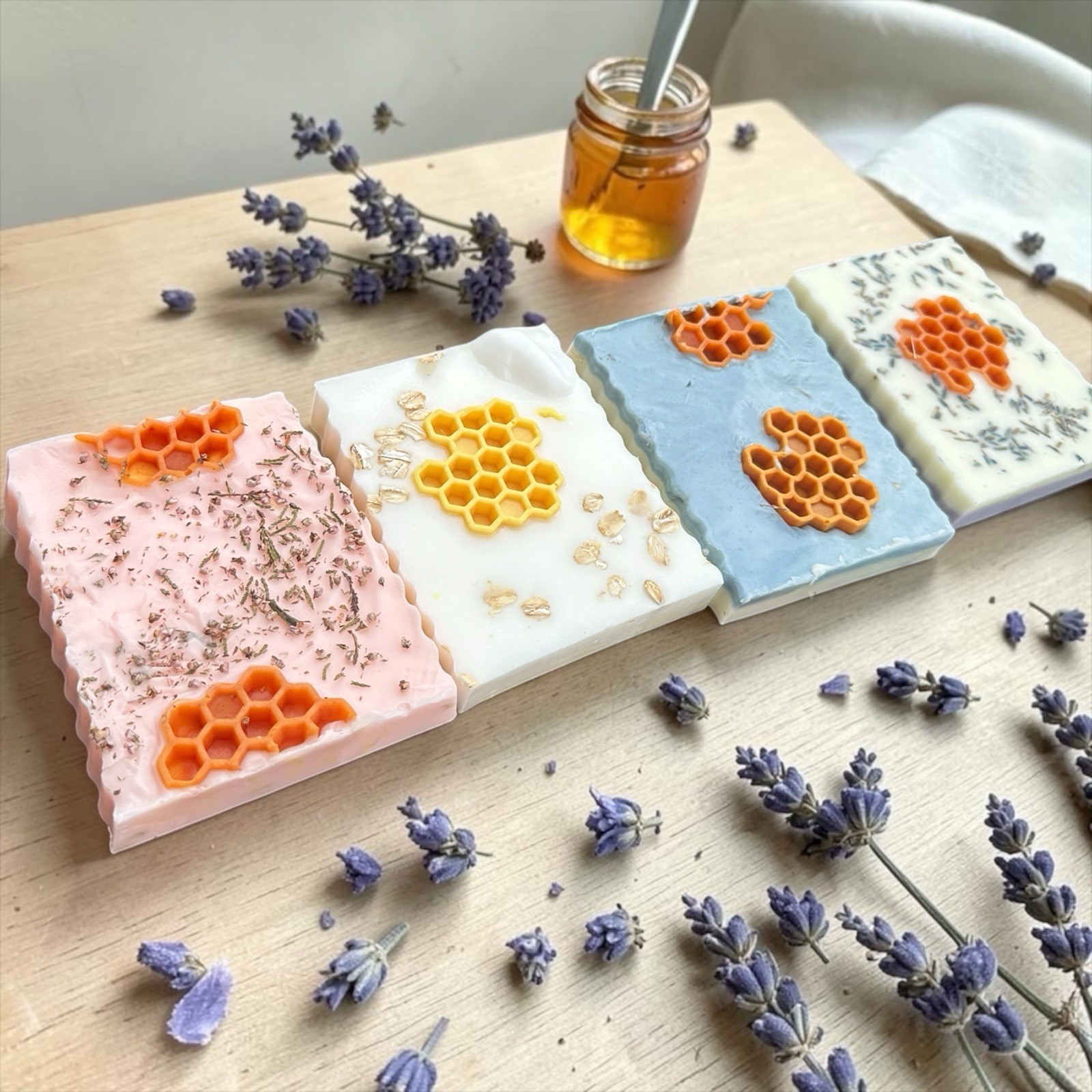 Honeycomb Pattern Handmade Bar Soap Set – Oatmeal, Lavender, Honey, Assorted Co…