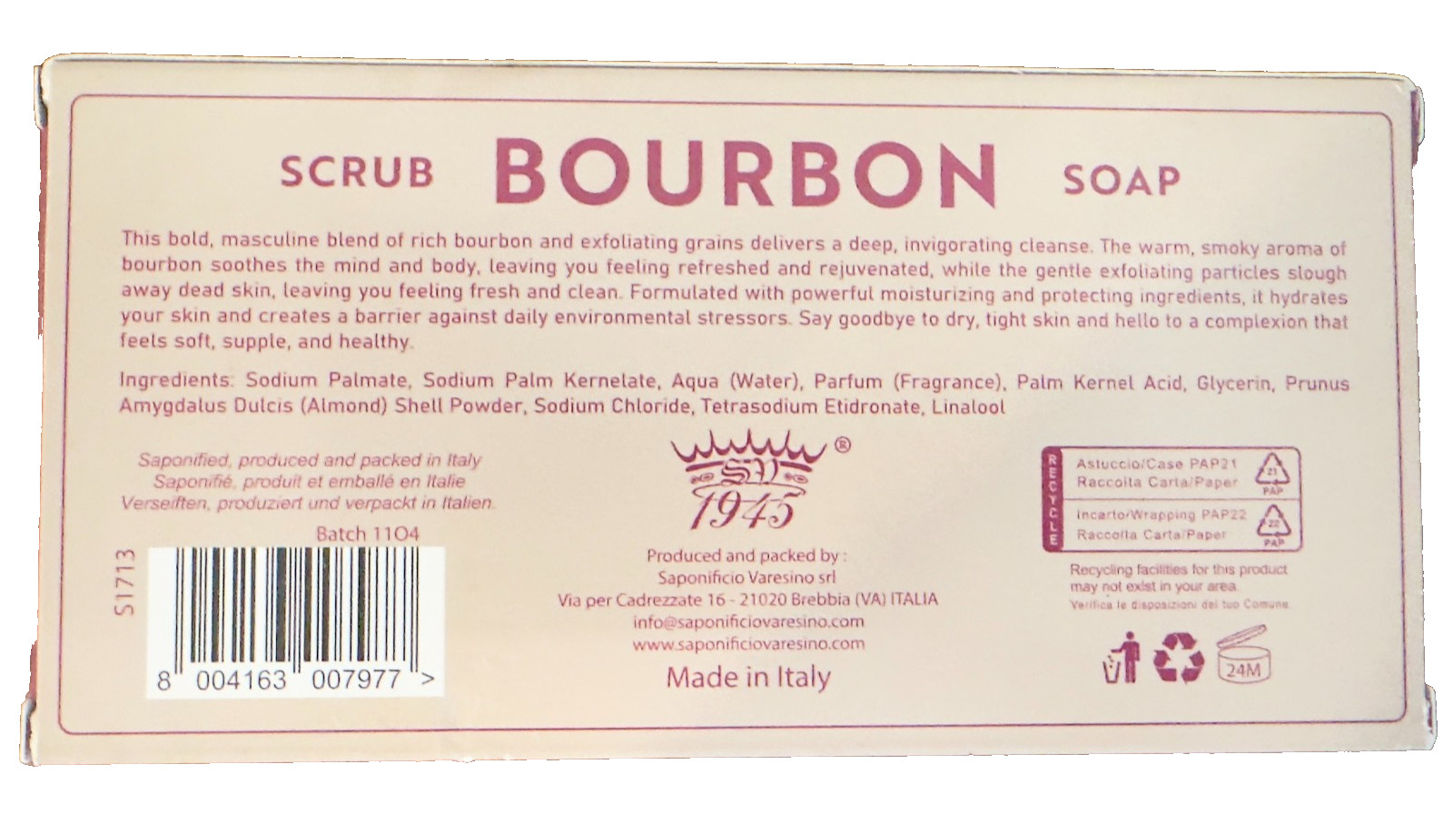 Saponificio Varesino 1945 Bourbon Scrub Bar Soap 3 Bars – 15.8oz per bar