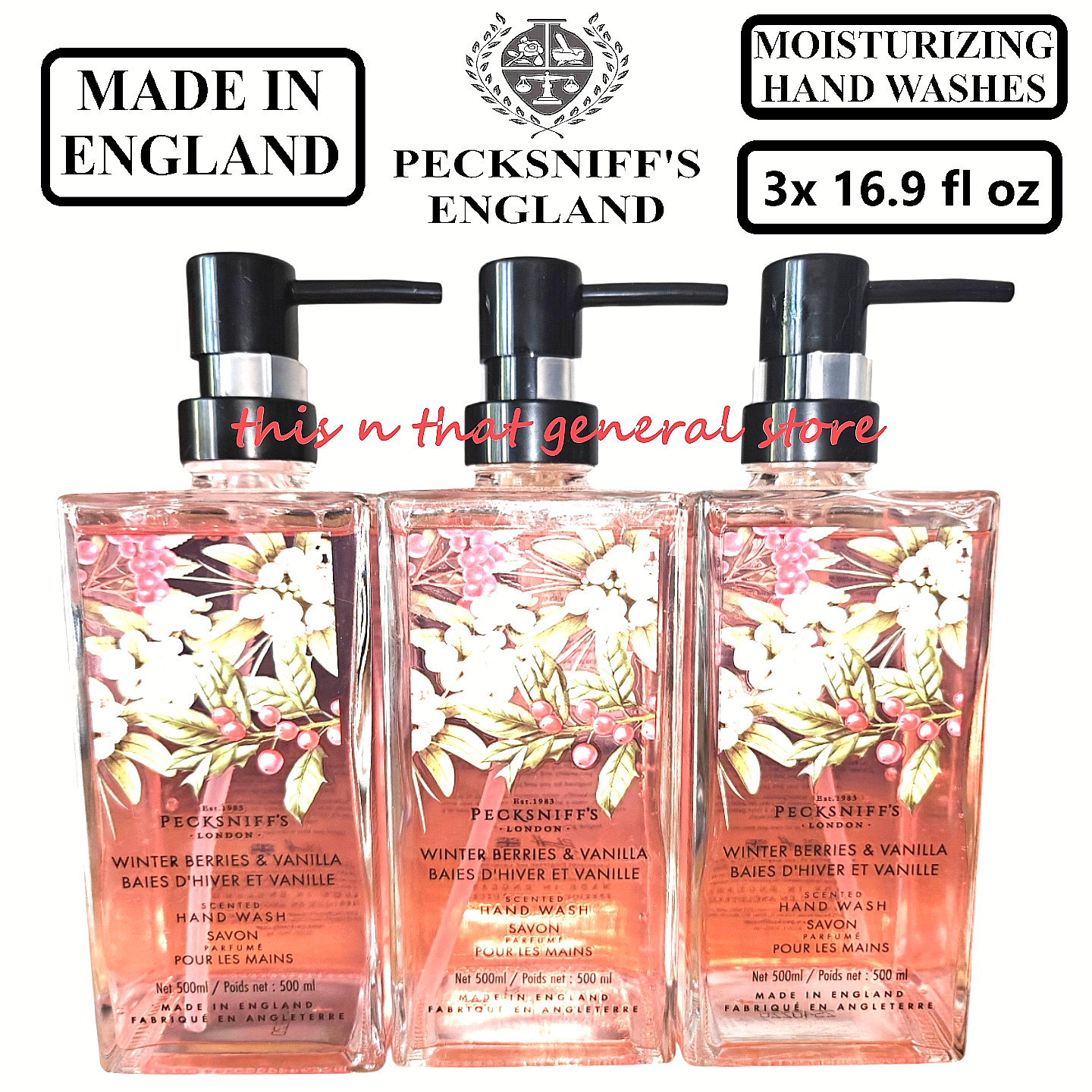 3X PECKSNIFF’S Made In England WINTER BERRIES & VANILLA Hand Wash, Glass NEW