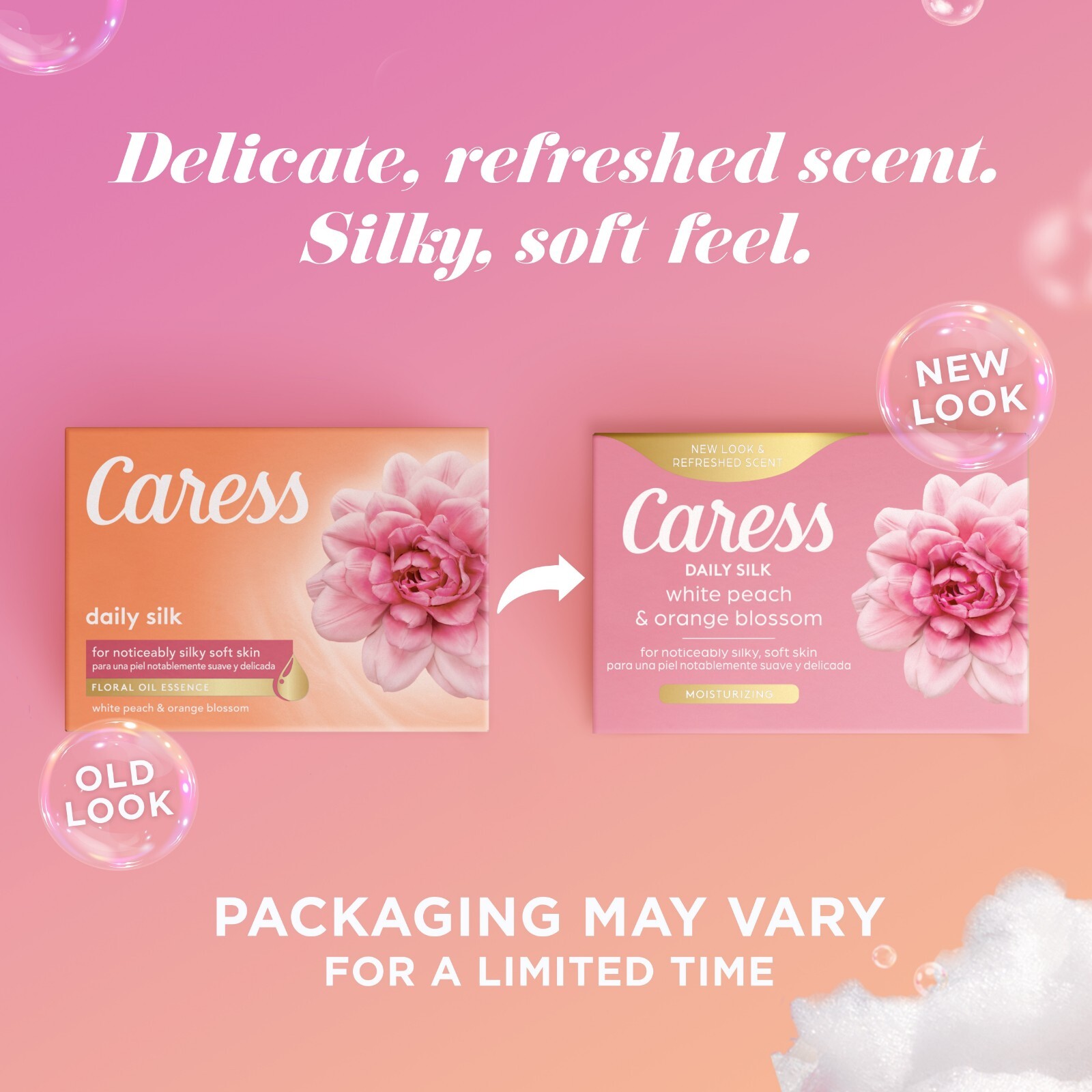 Caress Bar Soap for Women, Daily Silk White Peach & Orange Blossom for All Skin