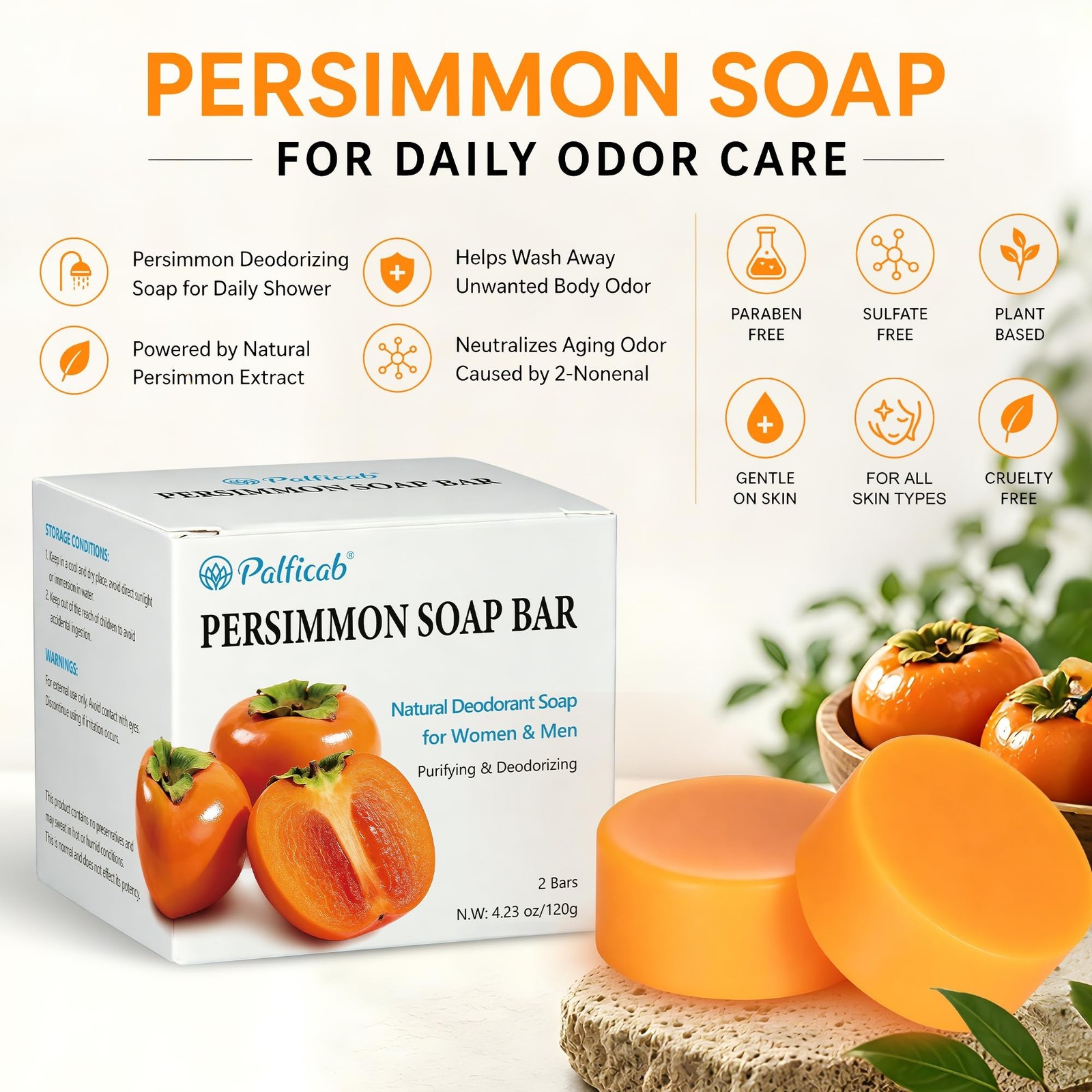 Round Persimmon Soap for Body Odor & Aging Odor, 2 Bars | Persimmon Deodorizi…