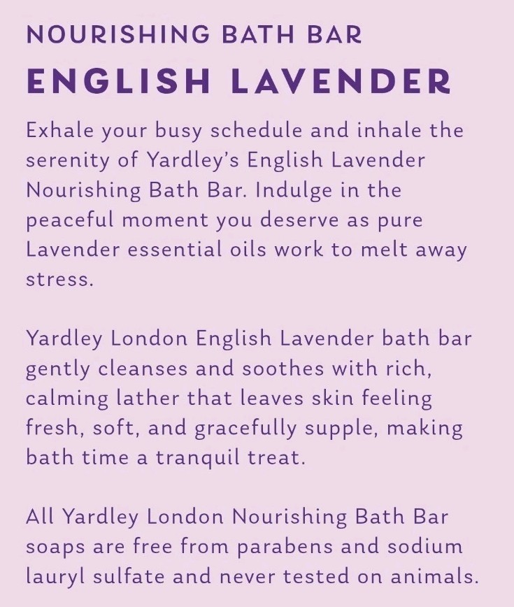 § YARDLEY LONDON (1) 4.0 Oz.🪻🫧 ●ENGLISH LAVENDER●🪻🫧 ≈NOURISHING≈ Bath Bars.