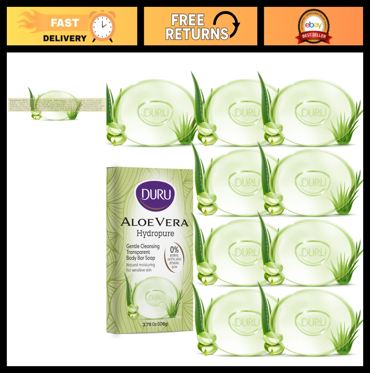 Aloe Vera Glycerin Soap – Vegan Moisturizing Bar for Sensitive Skin – 9 Pack