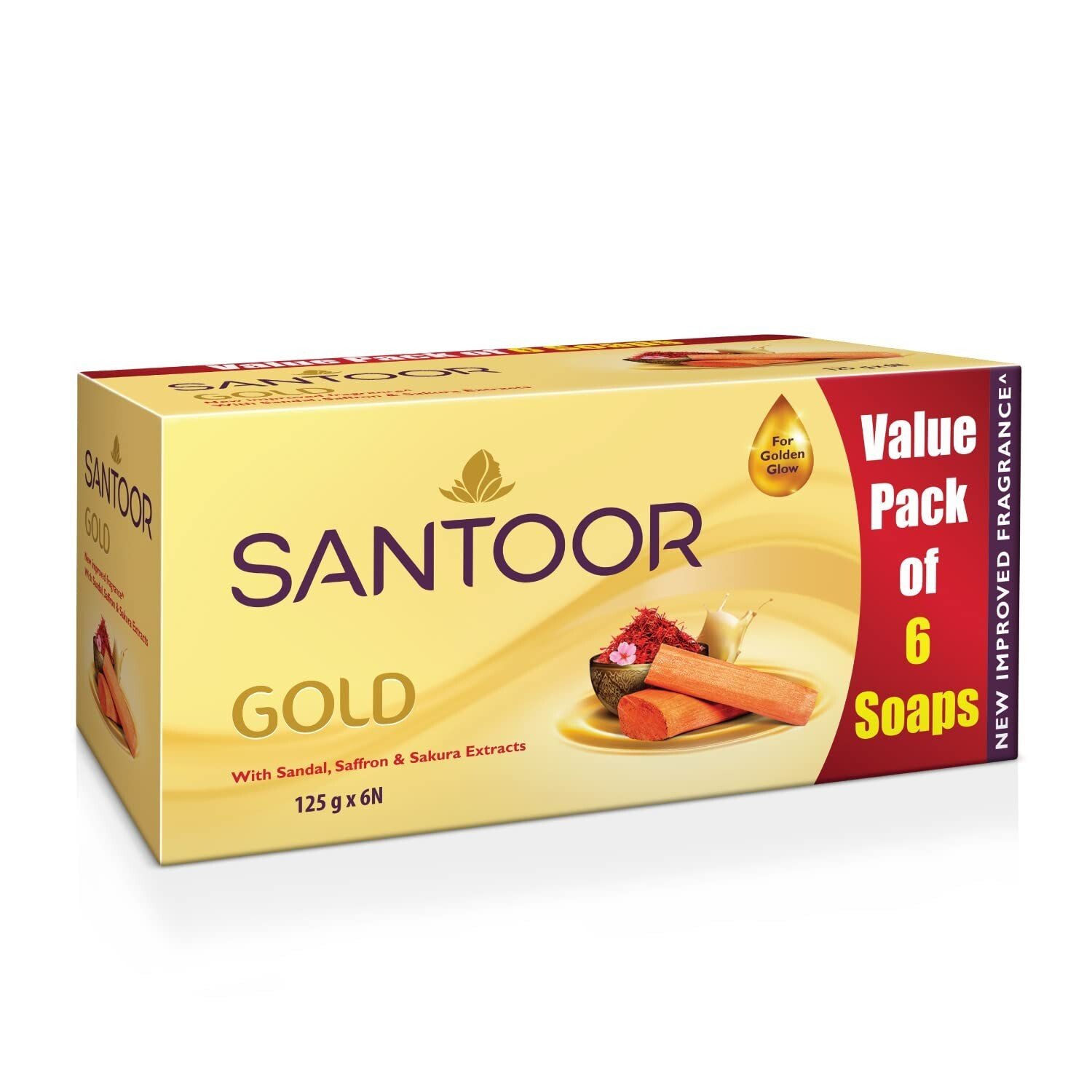 Santoor Gold Bathing Bar Soap with Kashmiri Saffron Sandal Each 125g Pack Of 6