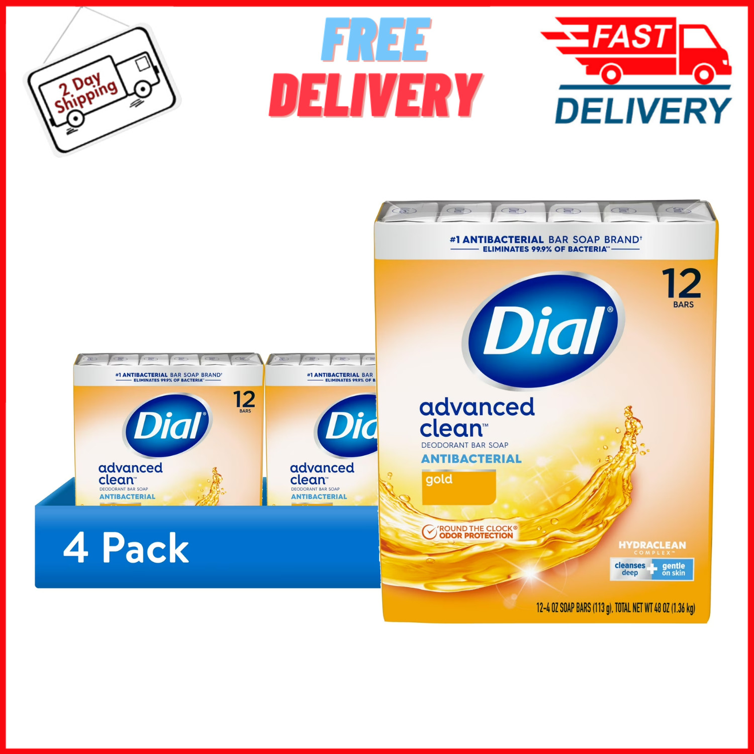New Dial Antibacterial Deodorant Bar Soap, Advanced Clean, Gold, 48 Bars, 4 oz