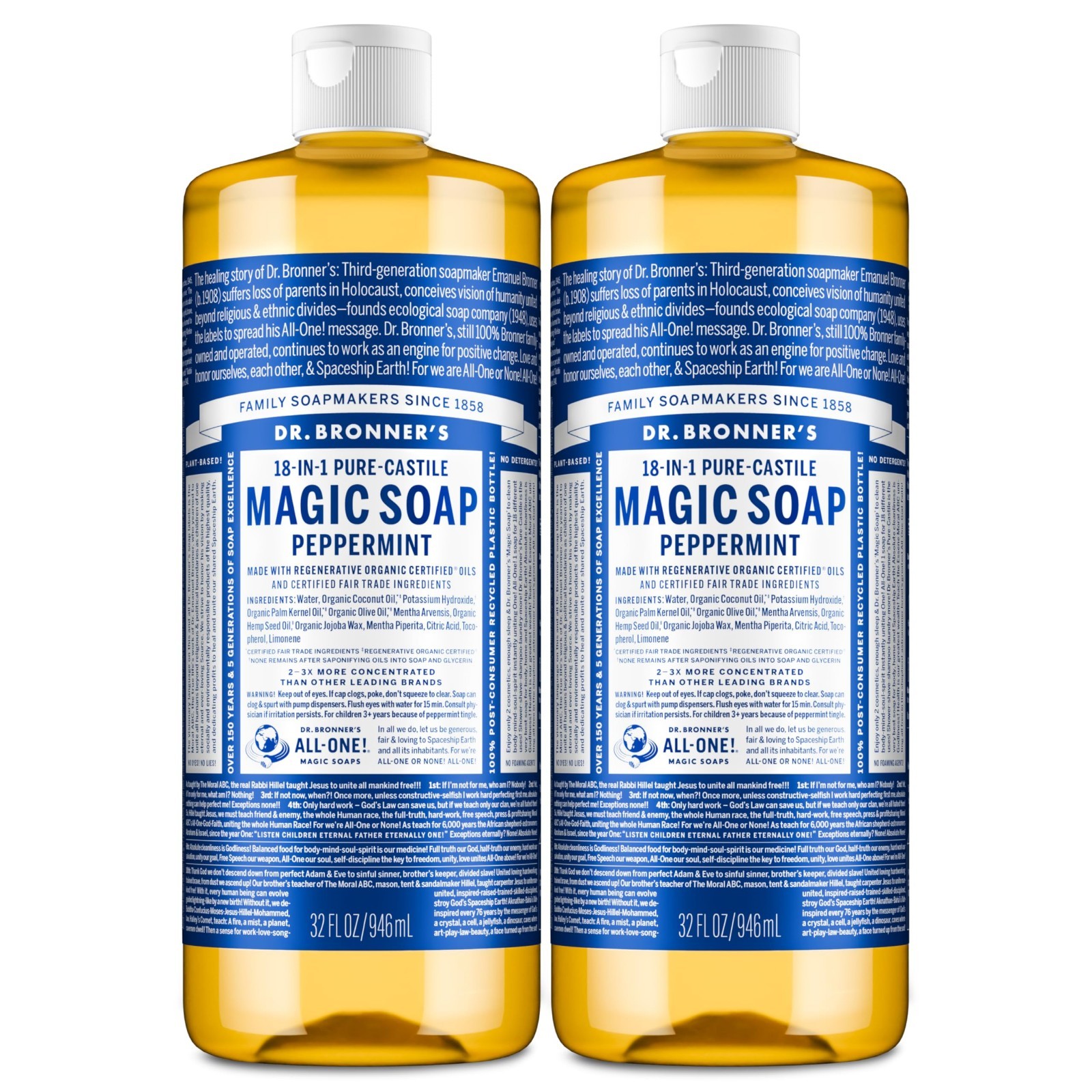 Pure-Castile Liquid Soap 32 oz (2-Pack) – Organic, Vegan, Non-GMO, Peppermint –