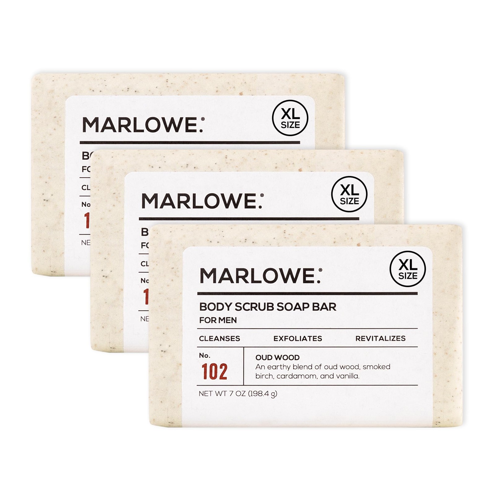 MARLOWE. No. 102 Body Scrub Soap 7 oz (3 Bars), 7 Ounce (Pack of 3), White
