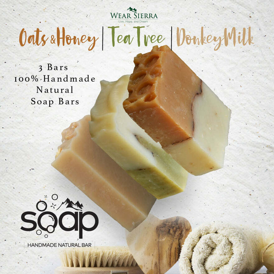 Natural Handmade Bar Soap 3-Pack Gift Box Oats and Honey, Tea Tree, Donkey Milk
