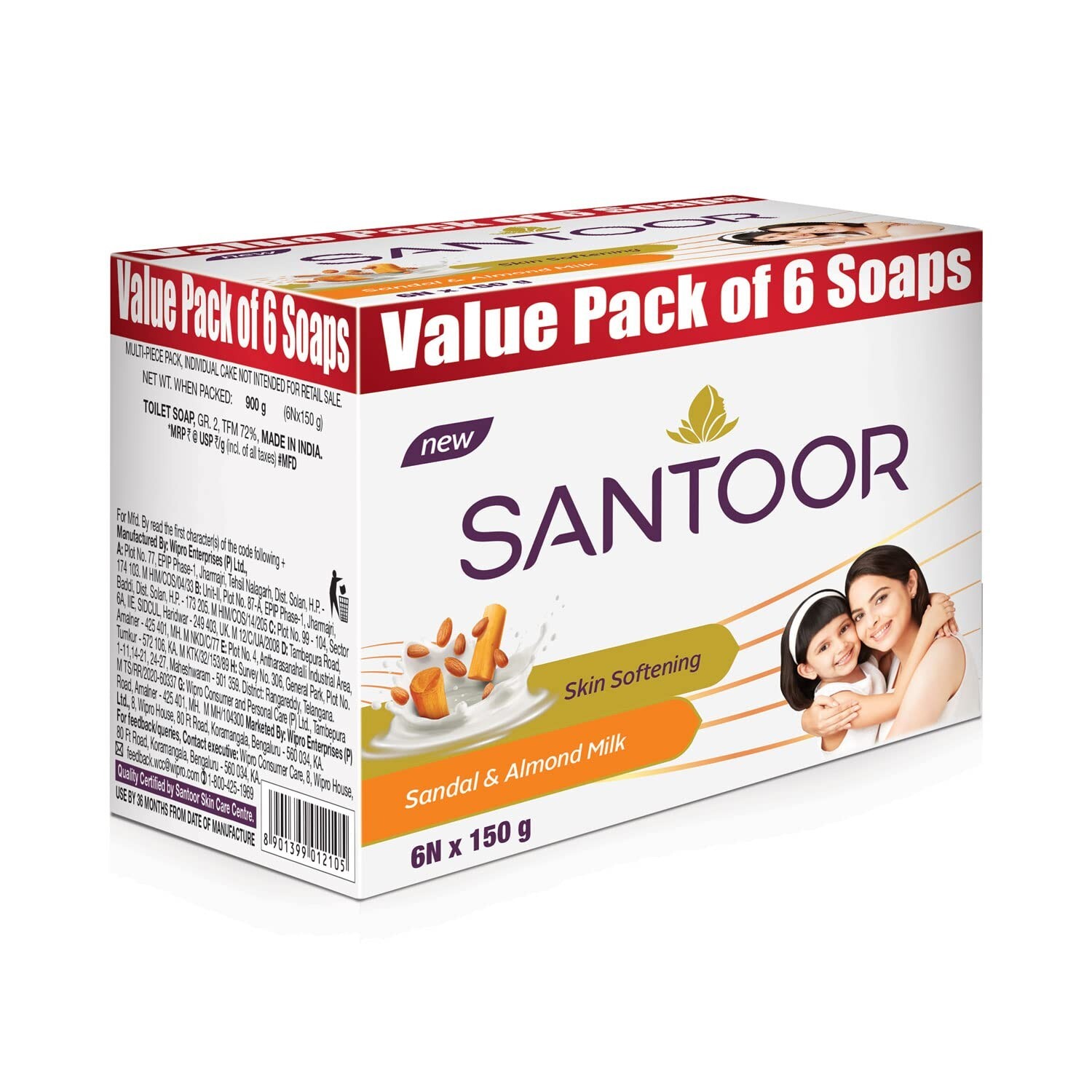Santoor Sandalwood & Almond Milk Soft Bath Soap 150g Pack of 6