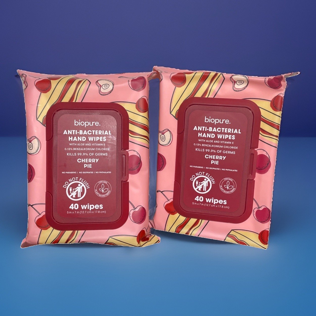 Lot Of 2 Biopure Anti-Bacterial Hand Wipes Cherry Pie 80 Total New