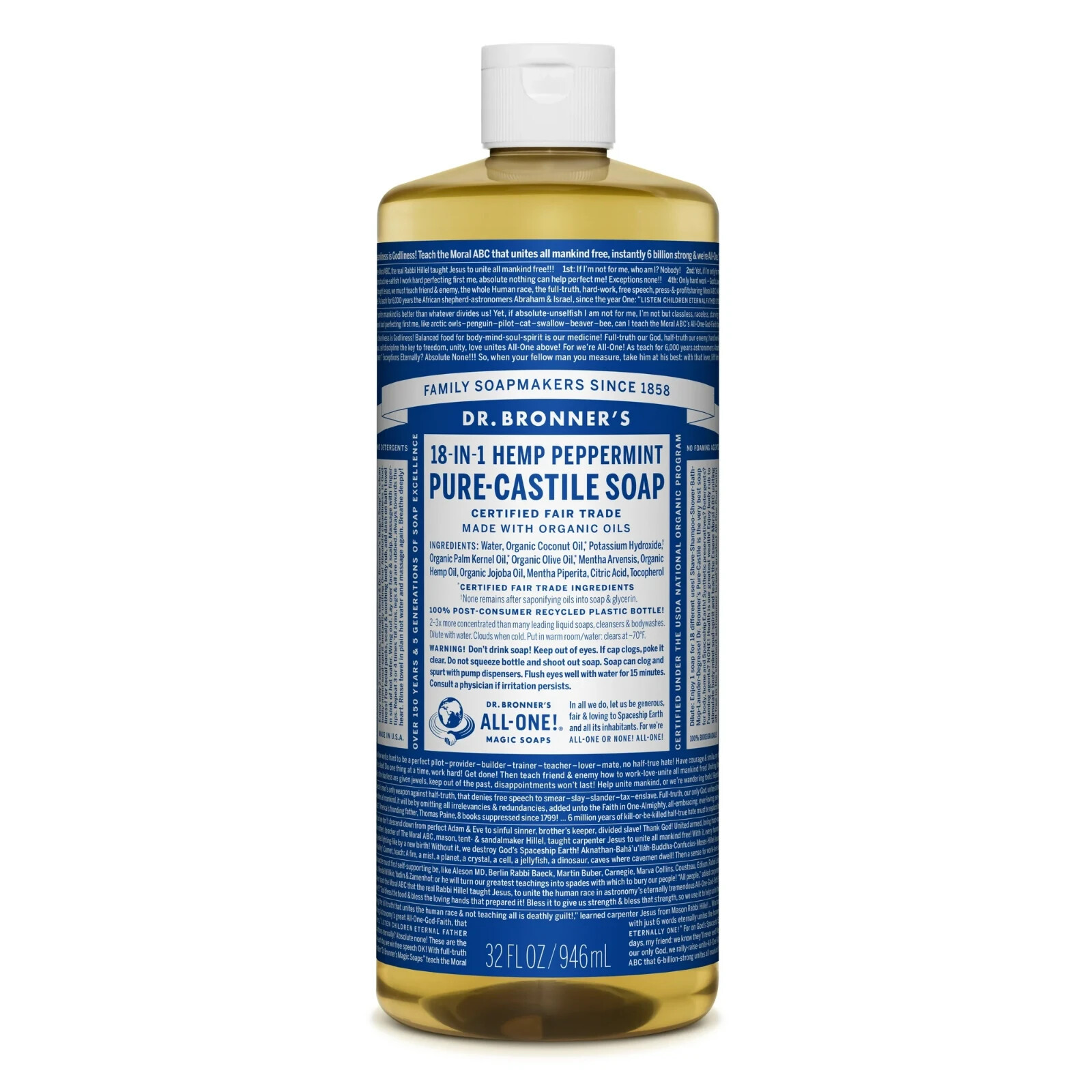 Dr. Bronner’s Magic Soap – Castile Liquid – Peppermint – 32 oz – 18-in-1 uses –