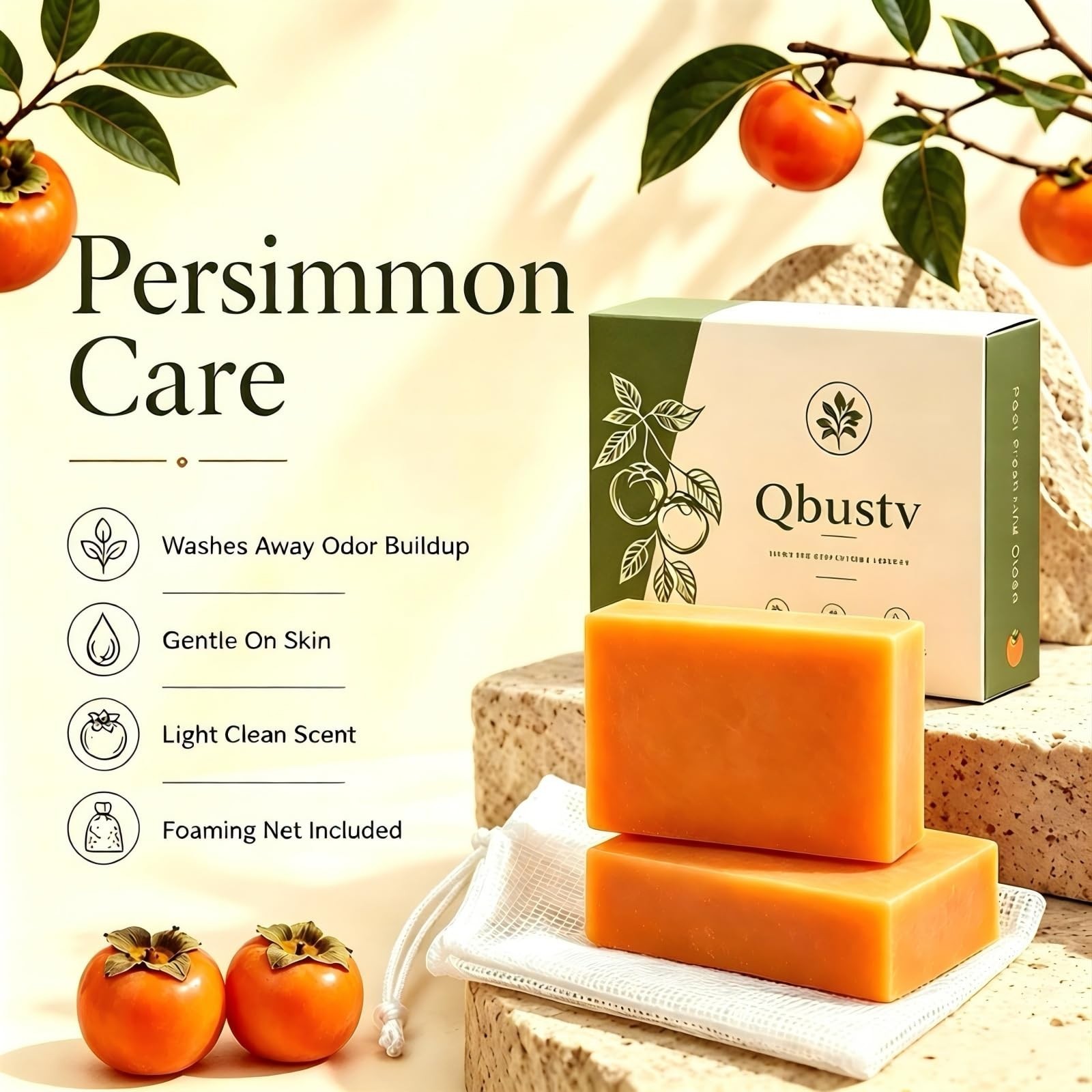 Moisturizing Persimmon Soap Bar for Mature Skin – Deodorizing Body Wash, 2 Pack
