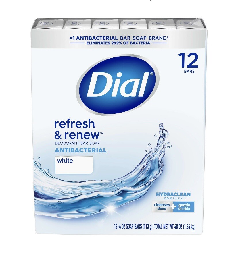 Dial Antibacterial Deodorant Soap, White, refresh and renew 3.2 Ounce 12 Bars