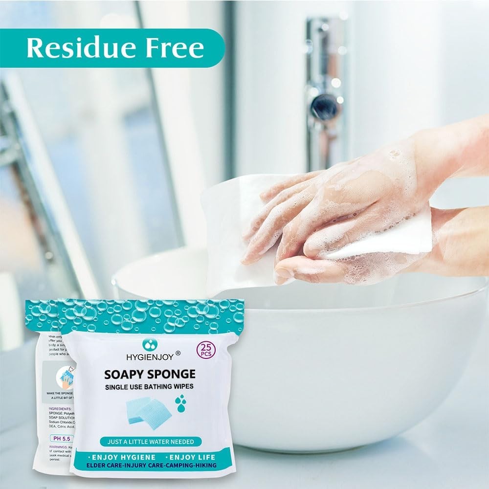 -Rinse Free Bath Sponges No Rinse Bathing Wipes(25 Counts)-No Residue Shower Wip