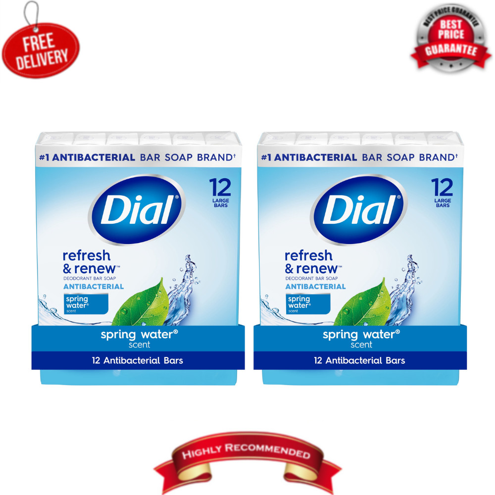 (2 Pack) Dial Antibacterial Bar Soap Spring Water 4 oz, 12Count, Refresh & Renew
