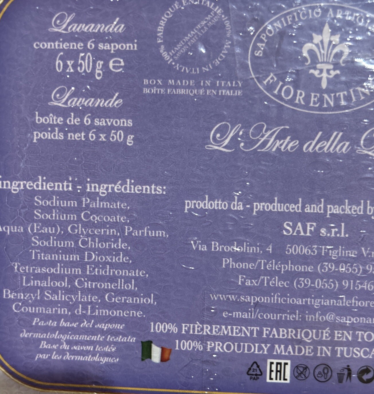 SAPONIFICIO ARTIGIANALE FIORENTINO TUSCAN LAVENDER SCENTED SOAPS 6×1.76 Oz