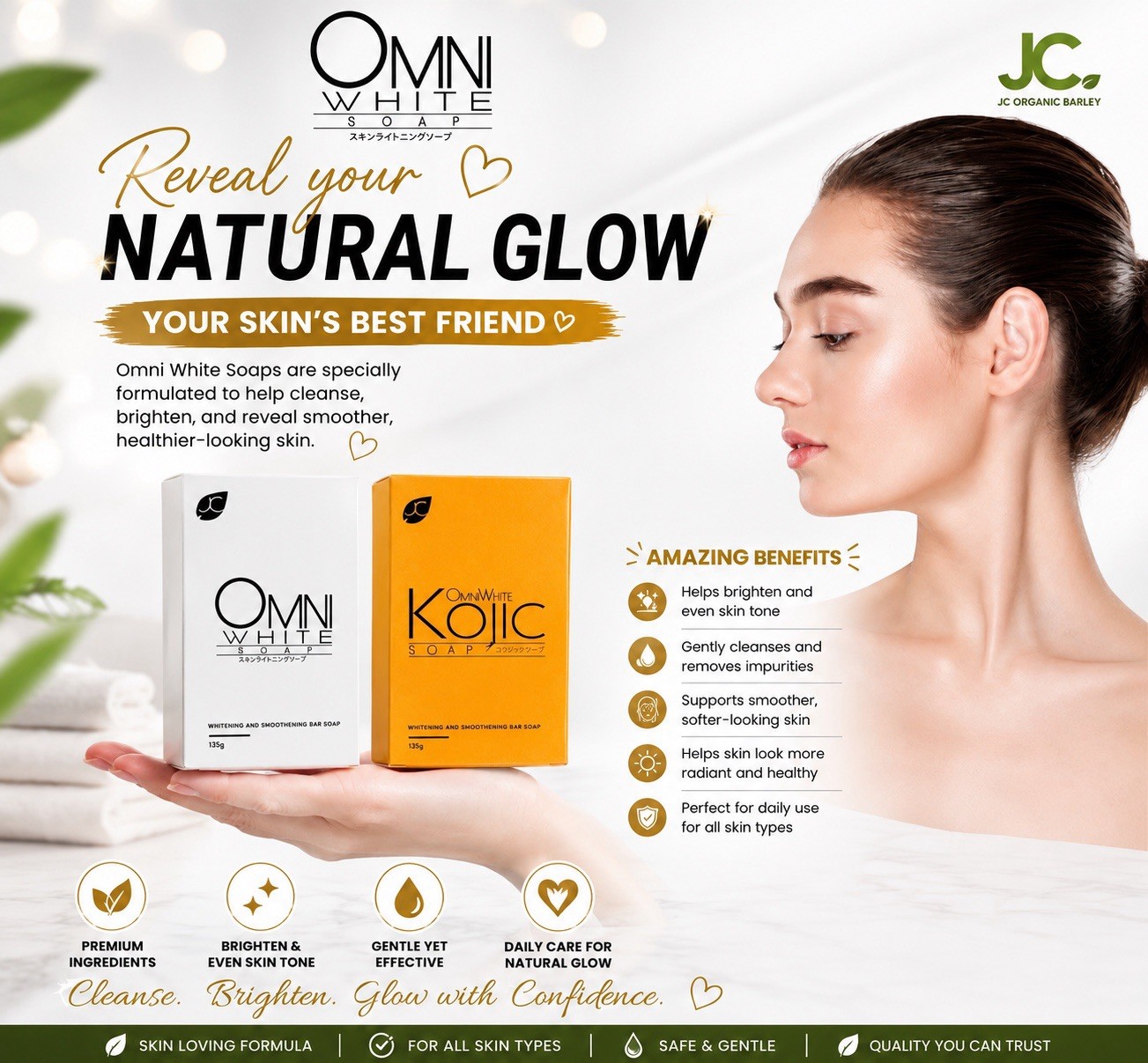 Omni White Kojic Soap Brightening Bar, Gentle for Face & Body, 135g