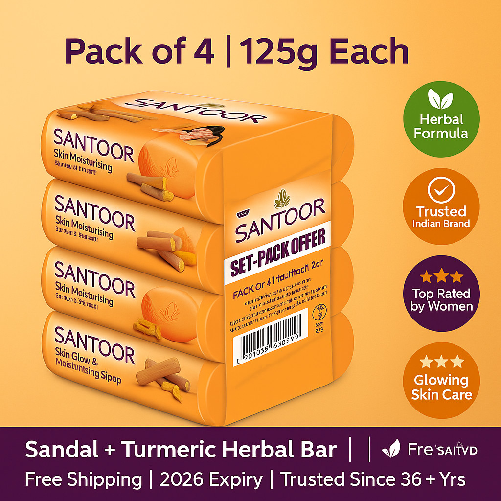 Santoor Sandal & Turmeric Soap 125g x 4 | Skin Glow Care Bar | 2026 | Herbal