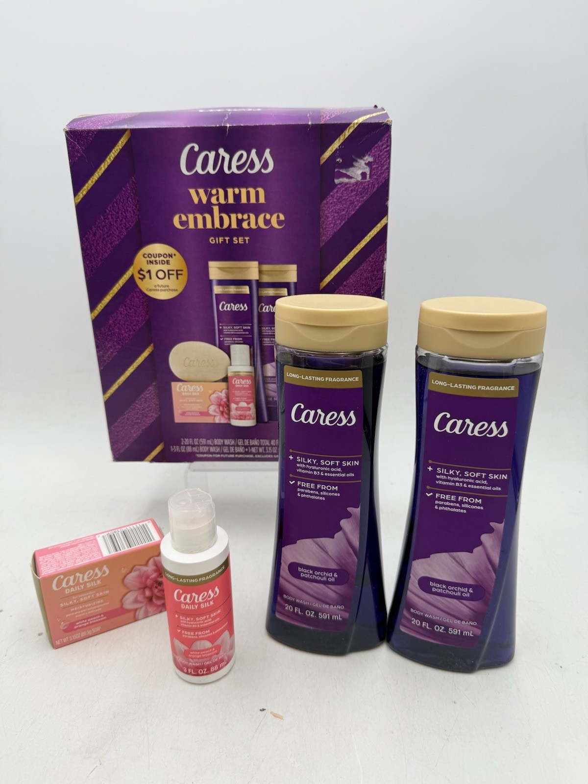 Caress Warm Embrace Bodywash and Bar Soap Skincare Gift Set 4 Piece NEW OPEN BOX