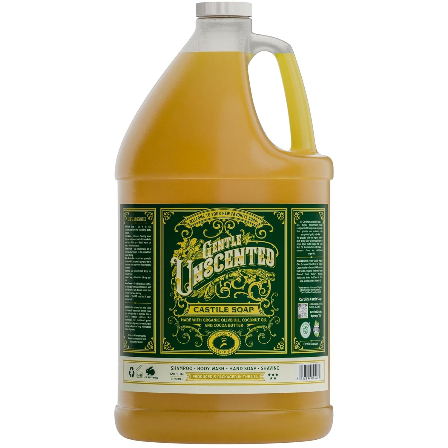 High Olive Oil Content Castile Soap – EWG Verified Unscented Body Wash, 128 Oz
