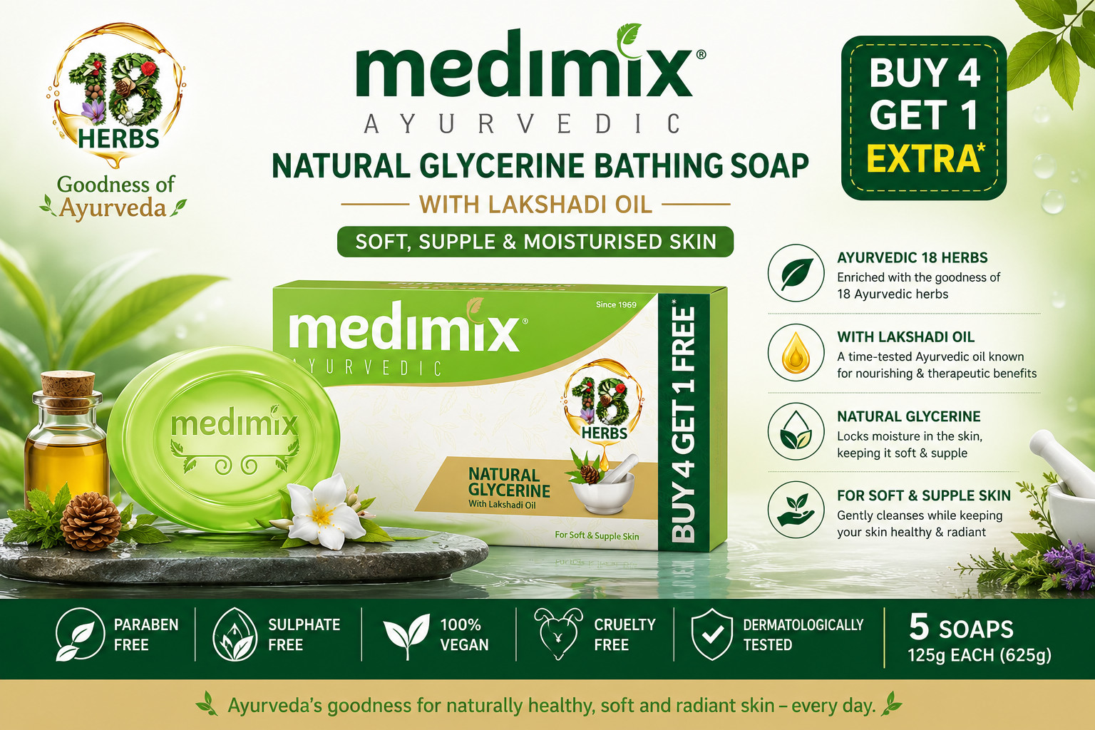 🔥Medimix Herbal Bath Soap 625g | Lakshadi Oil | Paraben Free | 5 Bars🔥