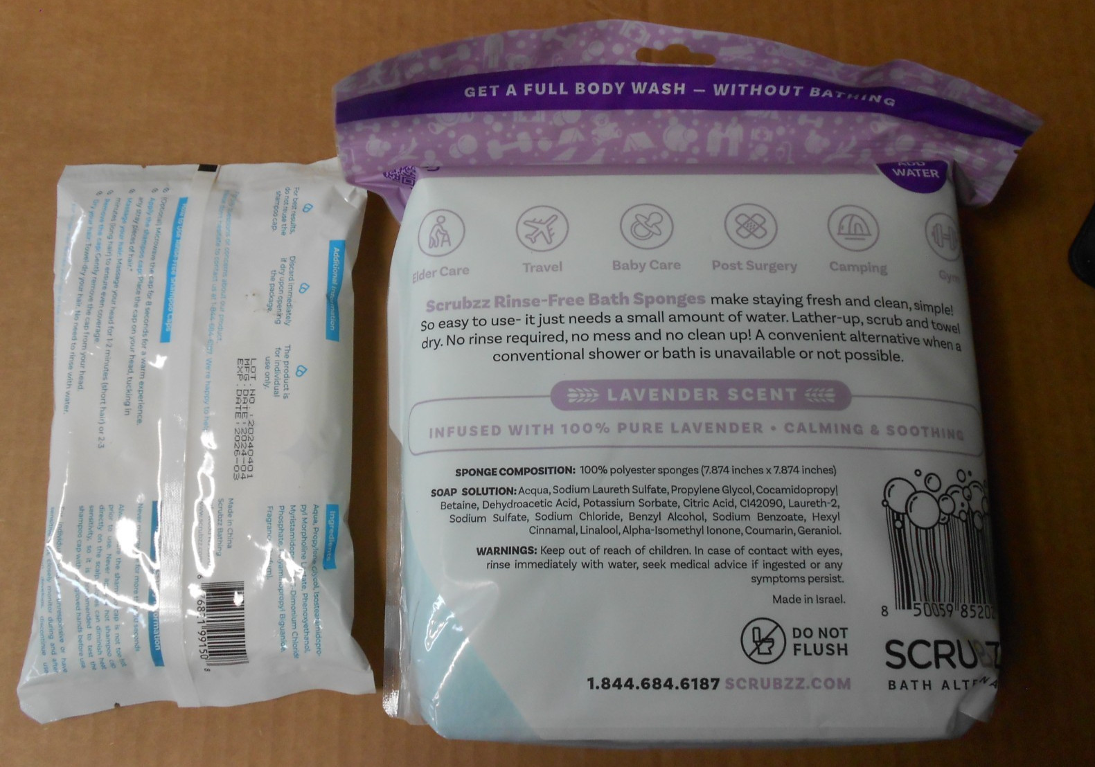 SCRUBZZ Rinse-Free BATH SPONGES 25Pk and SHAMPOO CAP