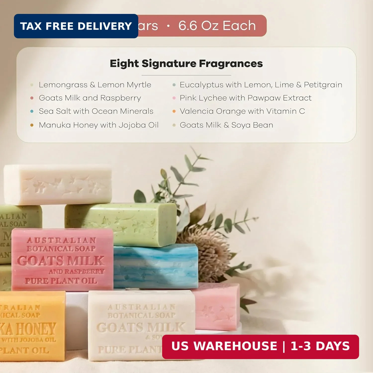 Australian Botanical Soap Variety Pack, 6.6 oz Bars – Goat Milk, Eucalyptus, Man