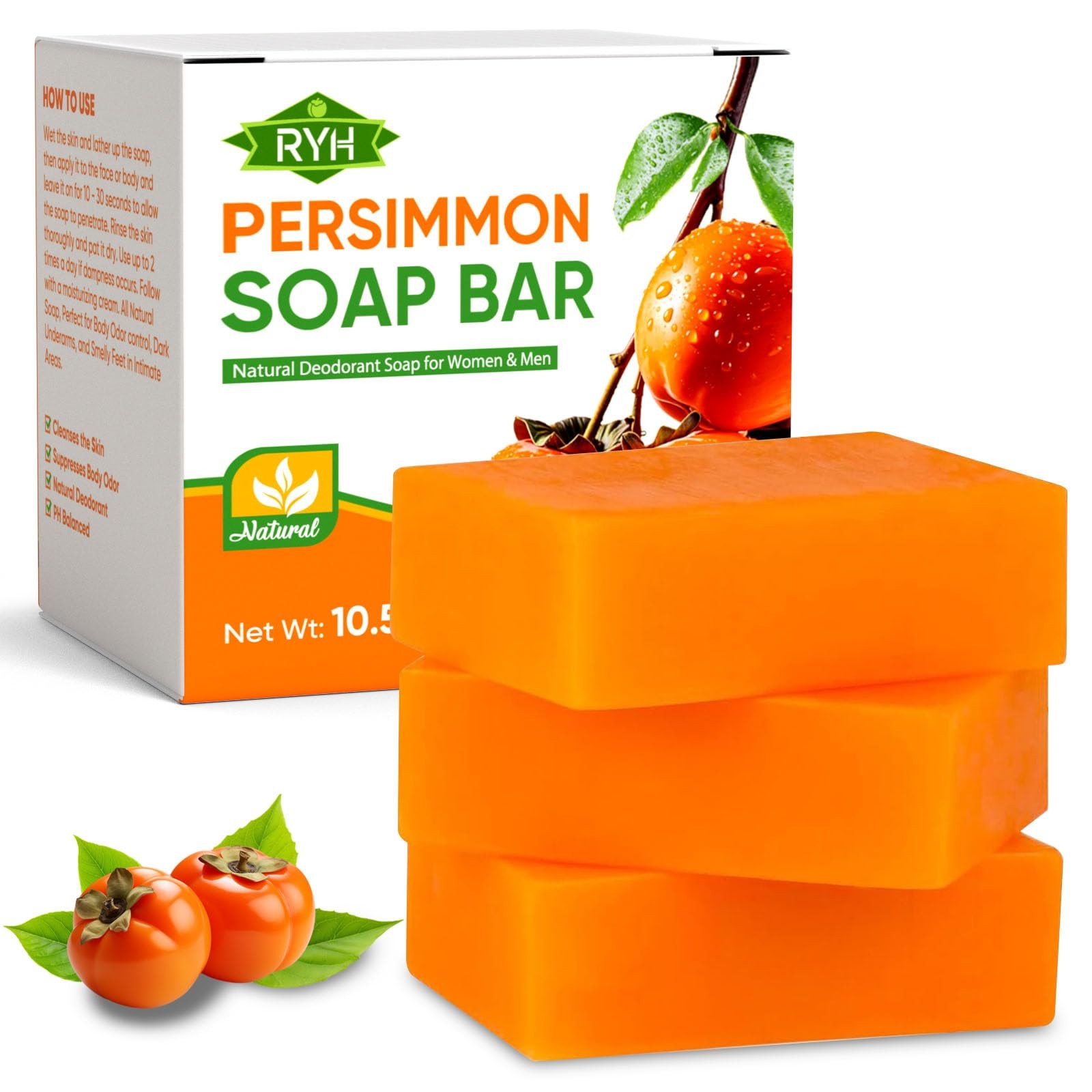 RYH 3 PCS Persimmon Soap Bar for Body Odor 1.18 Ounce (Pack of 3)