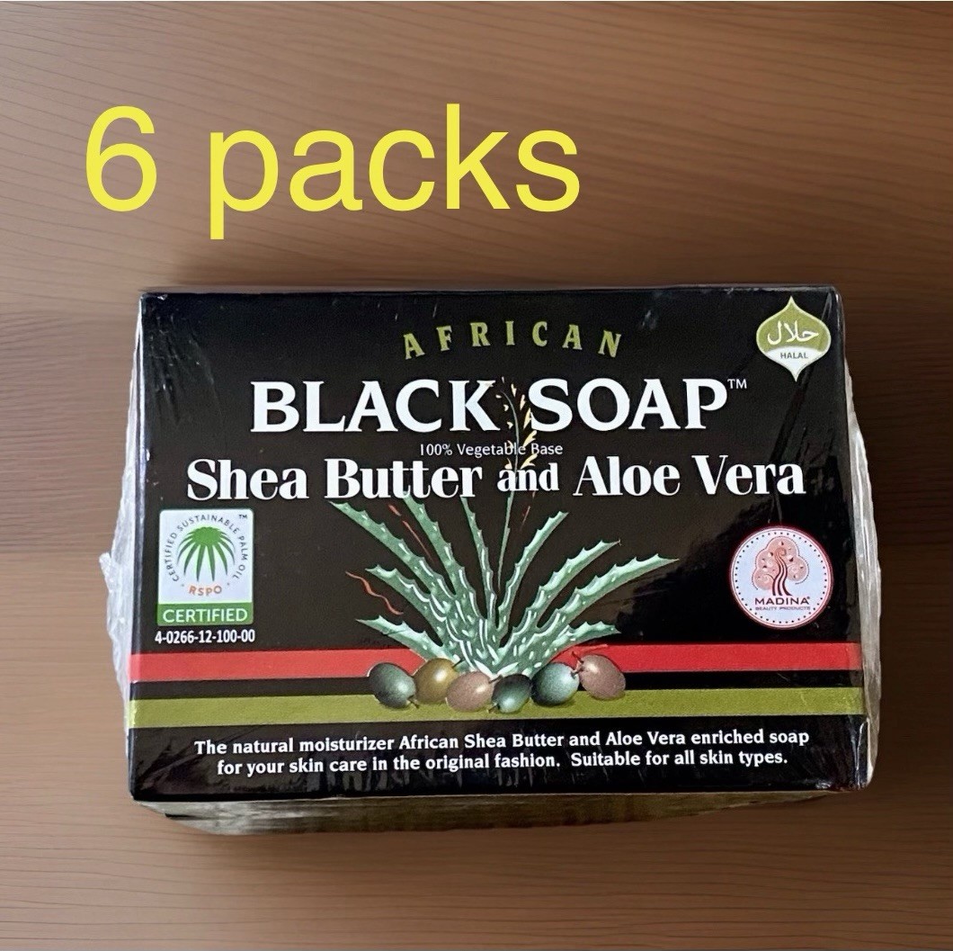 Madina African Black Soap Shea Butter and Aloe Vera Bars 3.5 oz Pack of 6