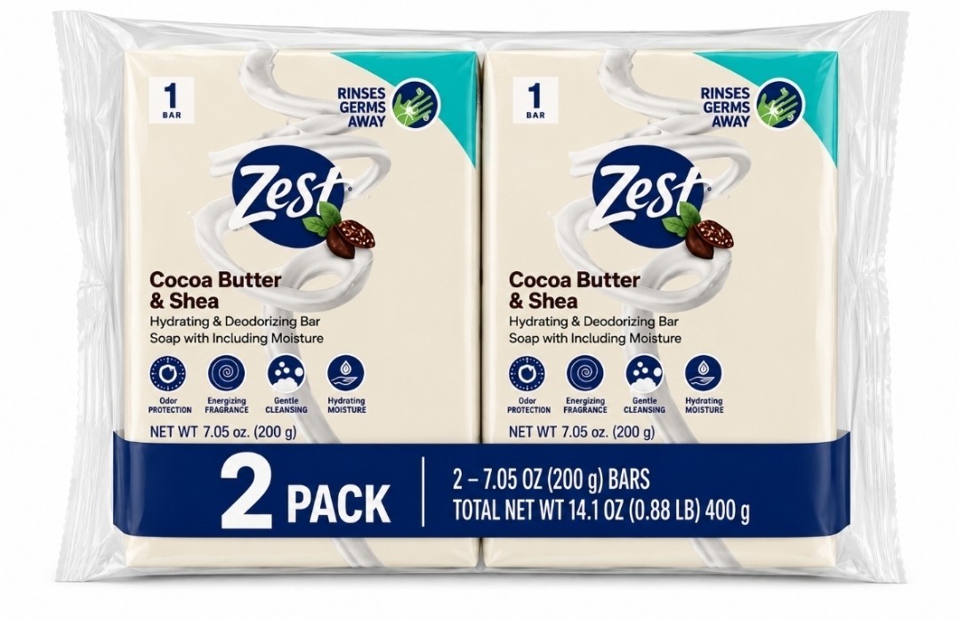 Zest Cocoa Butter & Shea Bar Soap, for All Skin Types, 4 oz, 2 Pack