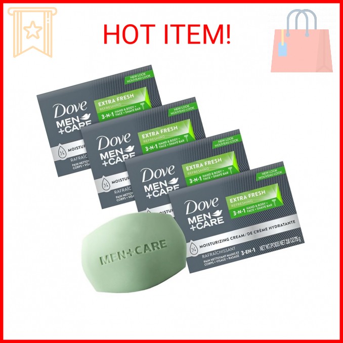 Dove Men+Care Soap Bar, Extra Fresh Scent 4-Pack – Hydrating 3-in-1 Body, Hand,