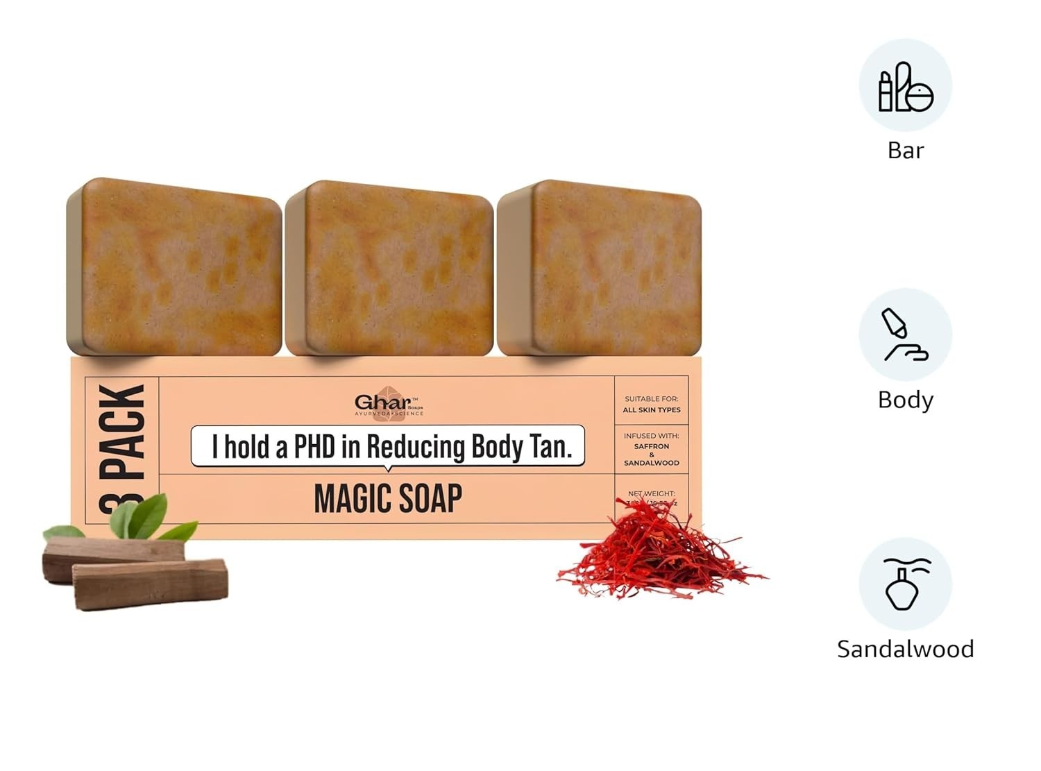 3x Ghar Soaps Sandalwood & Saffron Magic Soaps – Chandan & Kesar Bath Soap