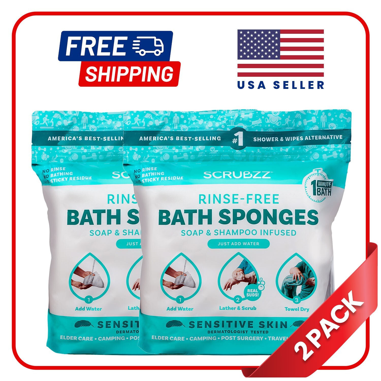 Scrubzz Disposable Rinse Free Bathing Sponges – Sensitive Skin, 50 Count