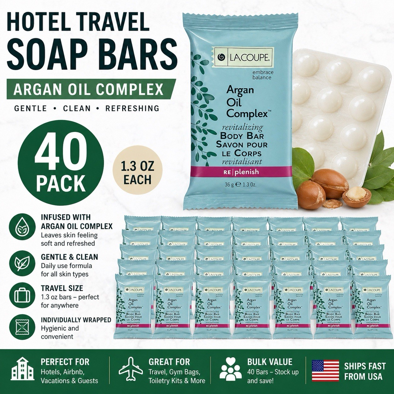 40 Pack LaCoupe Hotel Travel Size Soap 1.3 oz Argan Oil Body Bars Bulk