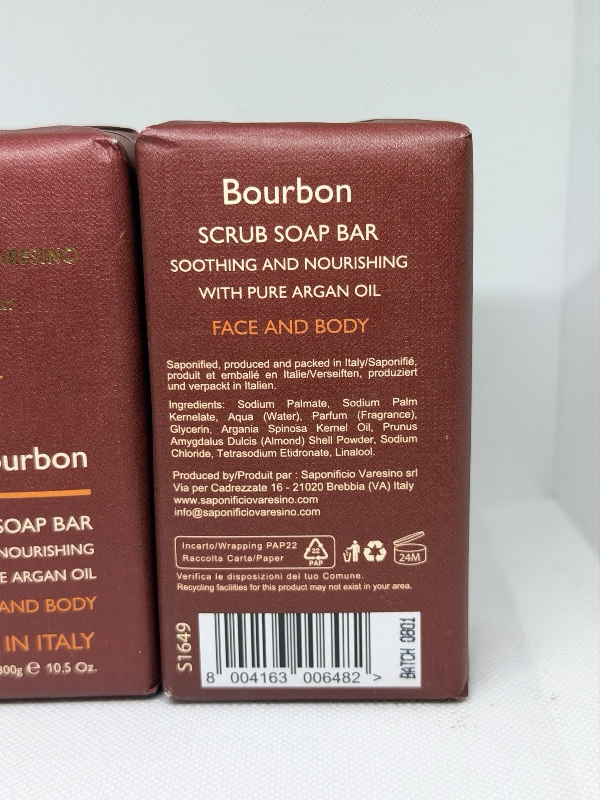 Lot 2-SAPONIFICIO VARESINO Face & Body Scrub Soap Bourbon -10.5 Oz Ea