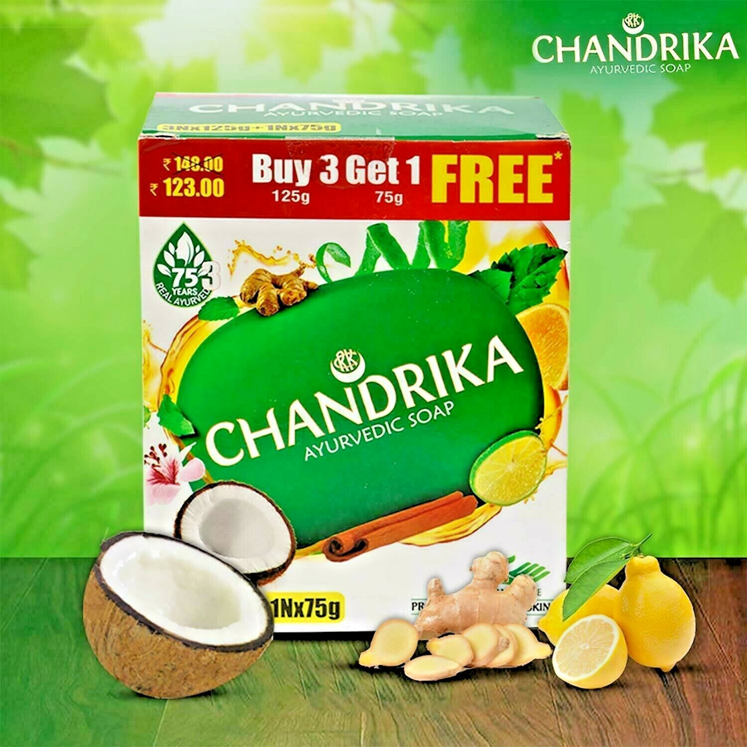 Chandrika Soap Pack of 4 -125g x 3 and Get 75g Free-US Seller Multi Discount