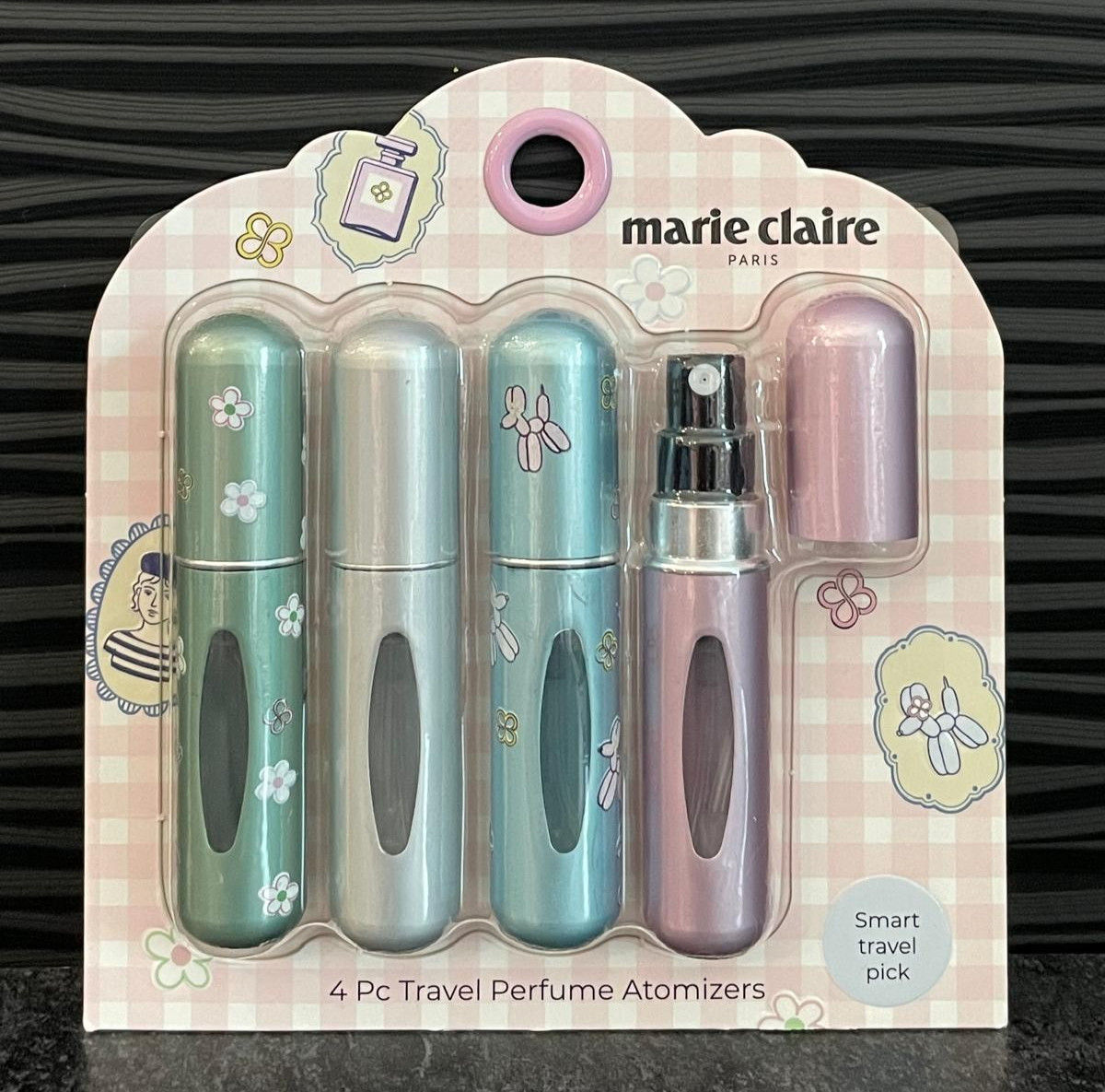 Marie Claire 4Pc Travel Perfume Atomizers Refillable Mini Spray Bottles
