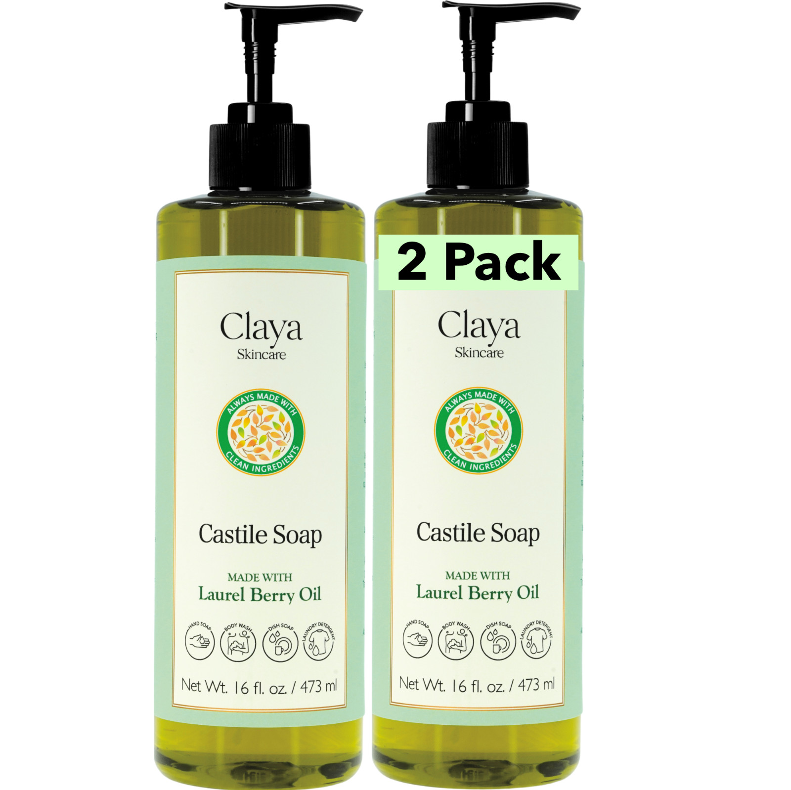 Laurel Berry Liquid Castile Soap(2 pack ) – Organic Ingredients, Gentle for skin