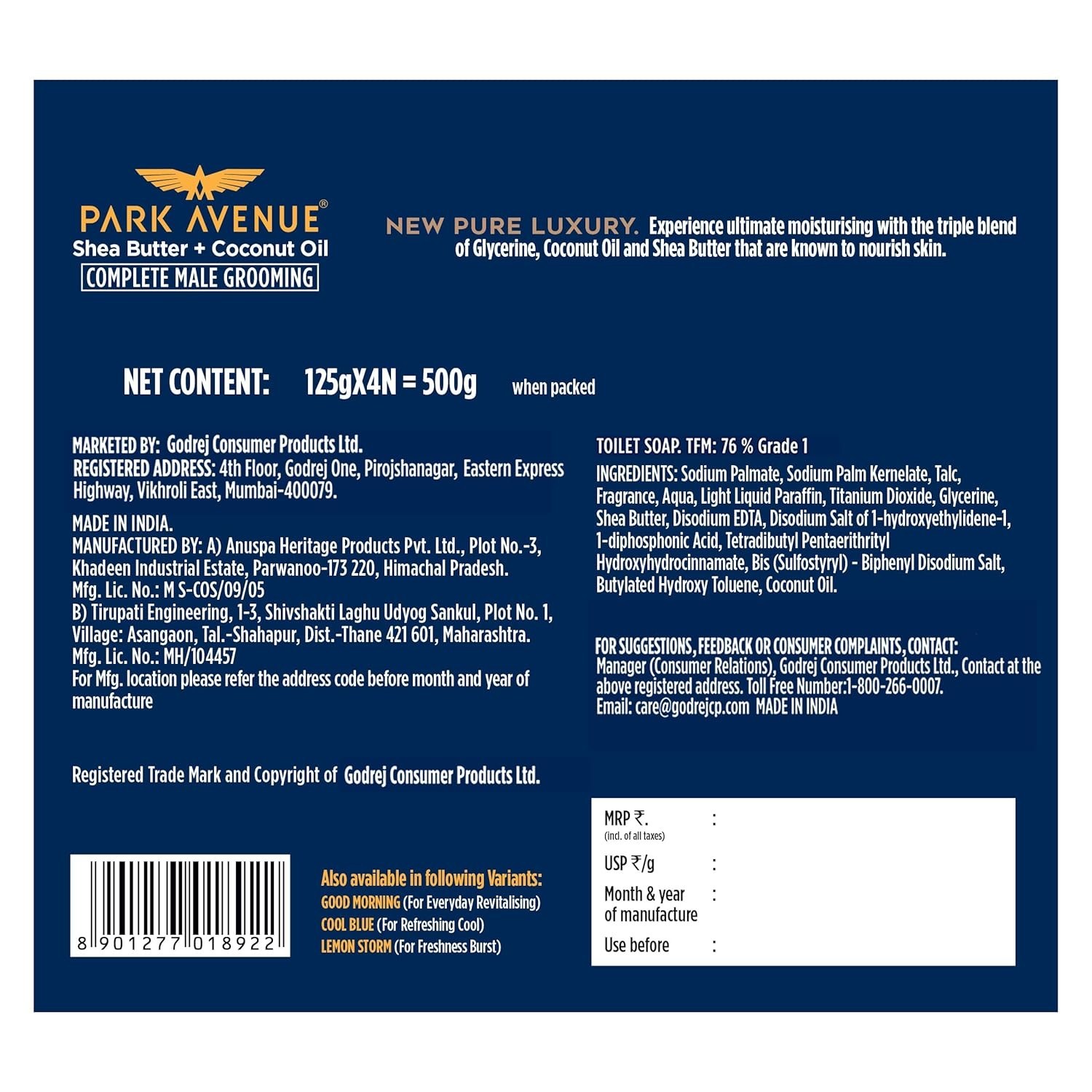 Park Avenue Pure Luxury Men’s Bath Soap 125g x 4 Pack Shea Butter Coconut Oil