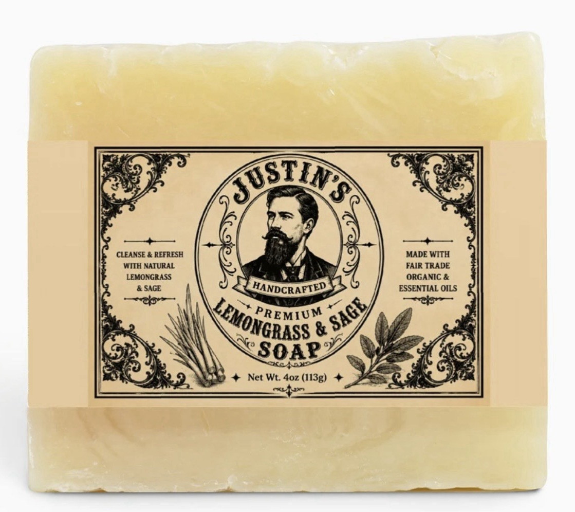 Justin’s Handcrafted Premium Lemongrass & Sage Body & Hand Soap Bar, 4 oz