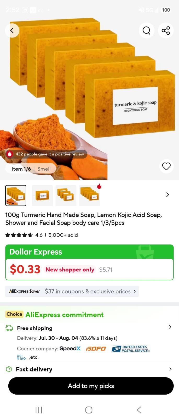 Turmeric & Kojic Acid Brightening Soap Bar 100g Lemon Scent Face Body Hands