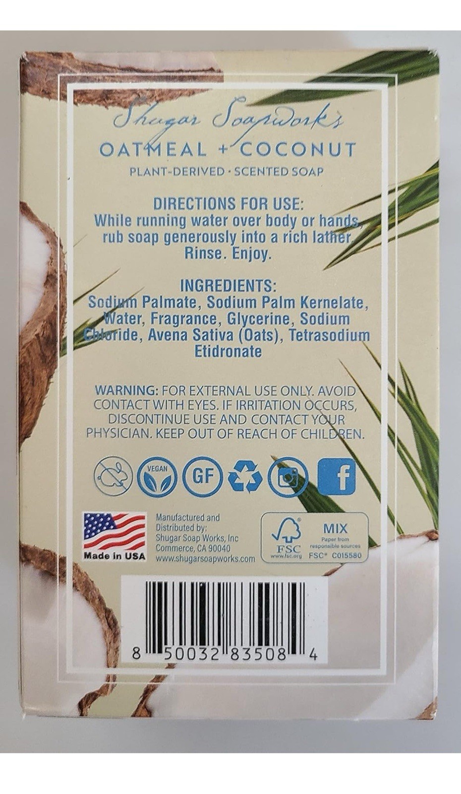Shugar Soap Works Oatmeal Coconut Plant Derived Scented Sulfate & Paraben Free